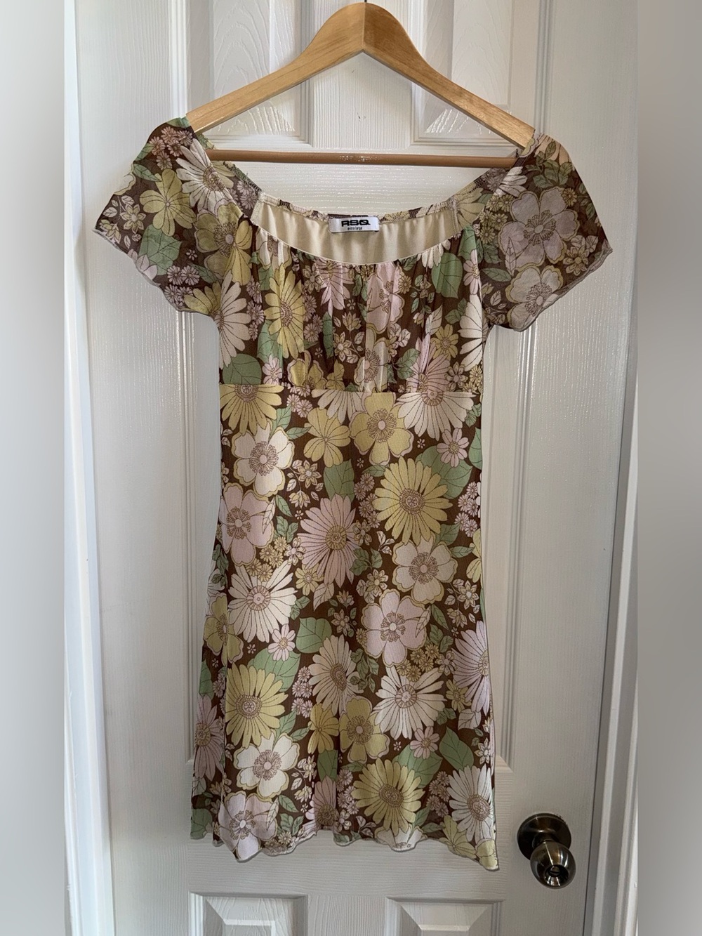 RSQ Floral Mini Dress Delicate Puff Short Sleeve XL Brown Yellow Feminine Boho